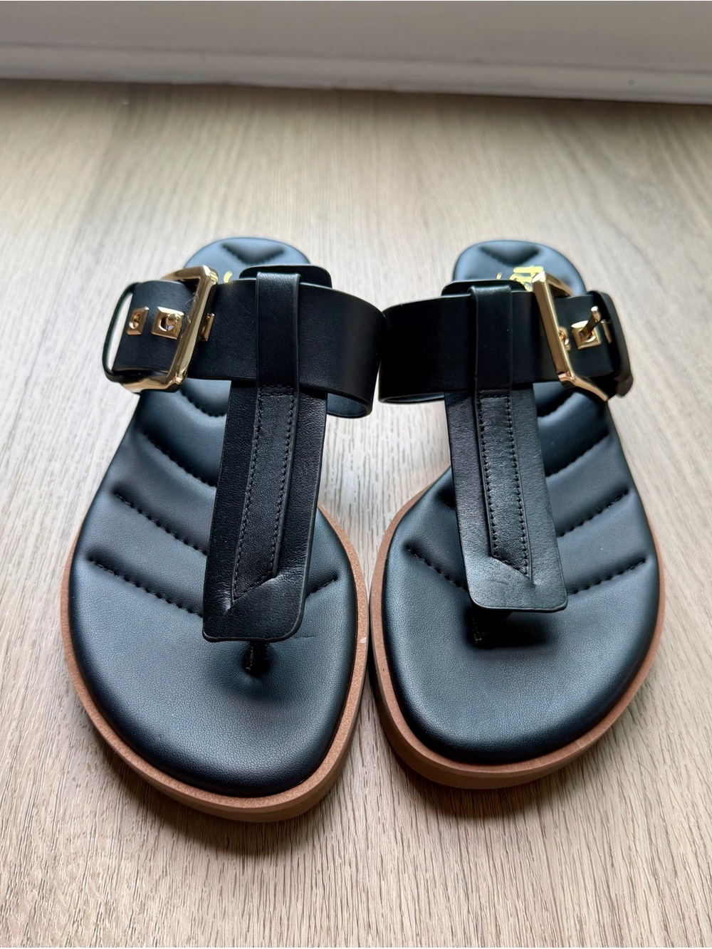 Franco Sarto Black Leather Thong Sandals with Gold Buckle